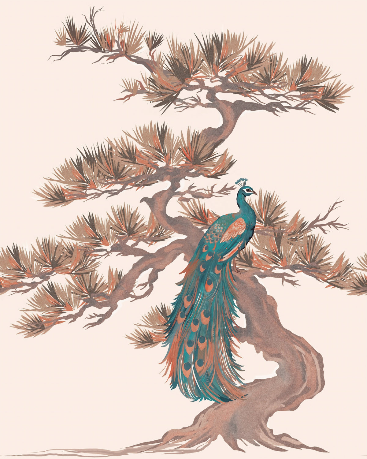 Chinoiserie Pine and Bird Motif Wall Mural in your room