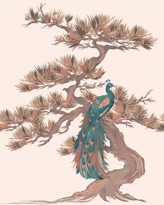 Chinoiserie Pine and Bird Motif Wall Mural