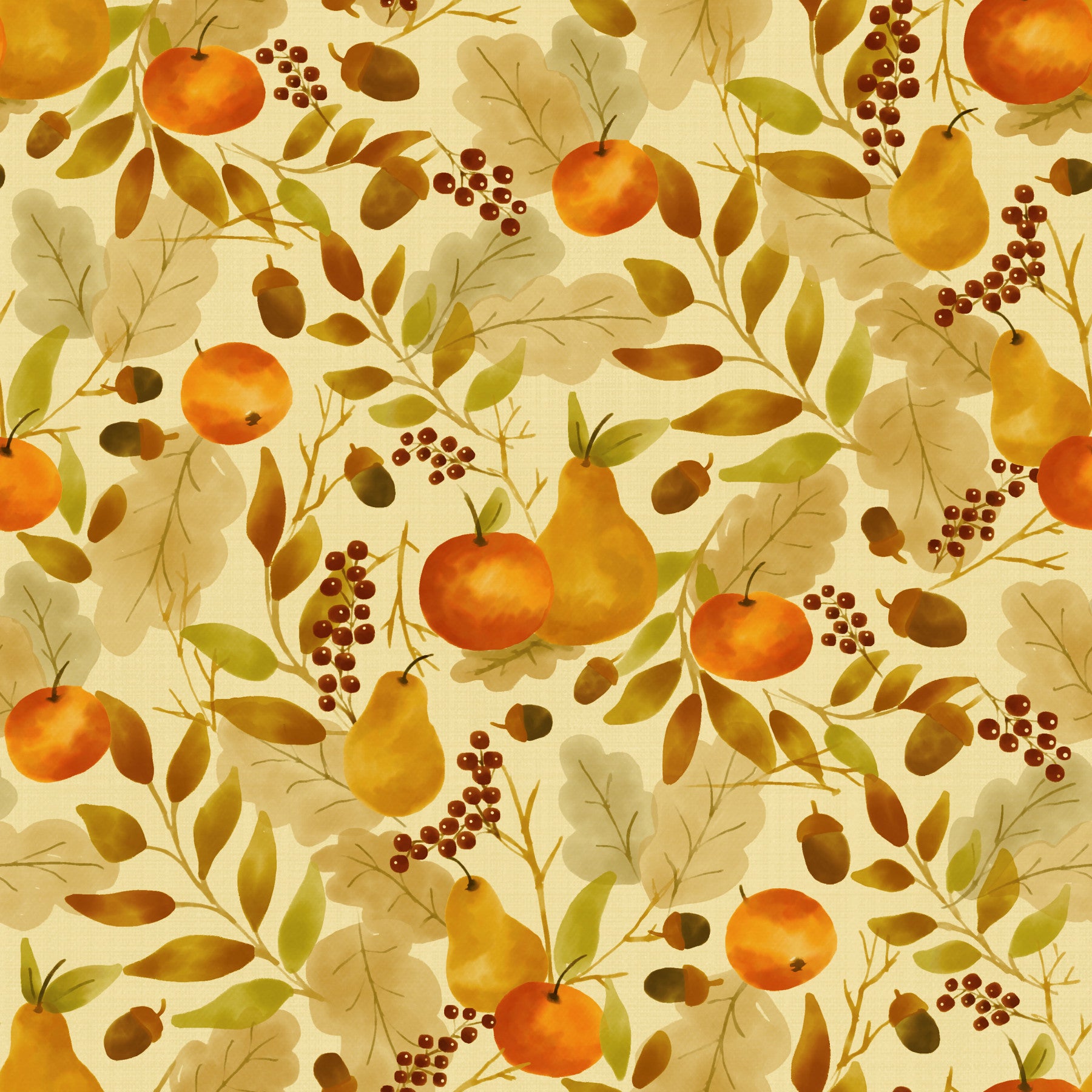 Watercolor Autumn Fruit Leaves Golden Yellow Harvest Pattern Wallpaper⁠