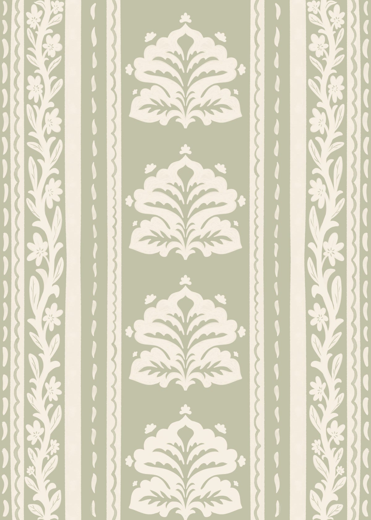 Cream and Sage Botanical Stripe Wallpaper⁠ in your room — zoomed