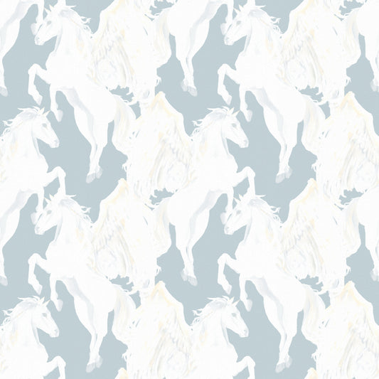 Ethereal Winged Horses on Soft Blue Wallpaper⁠