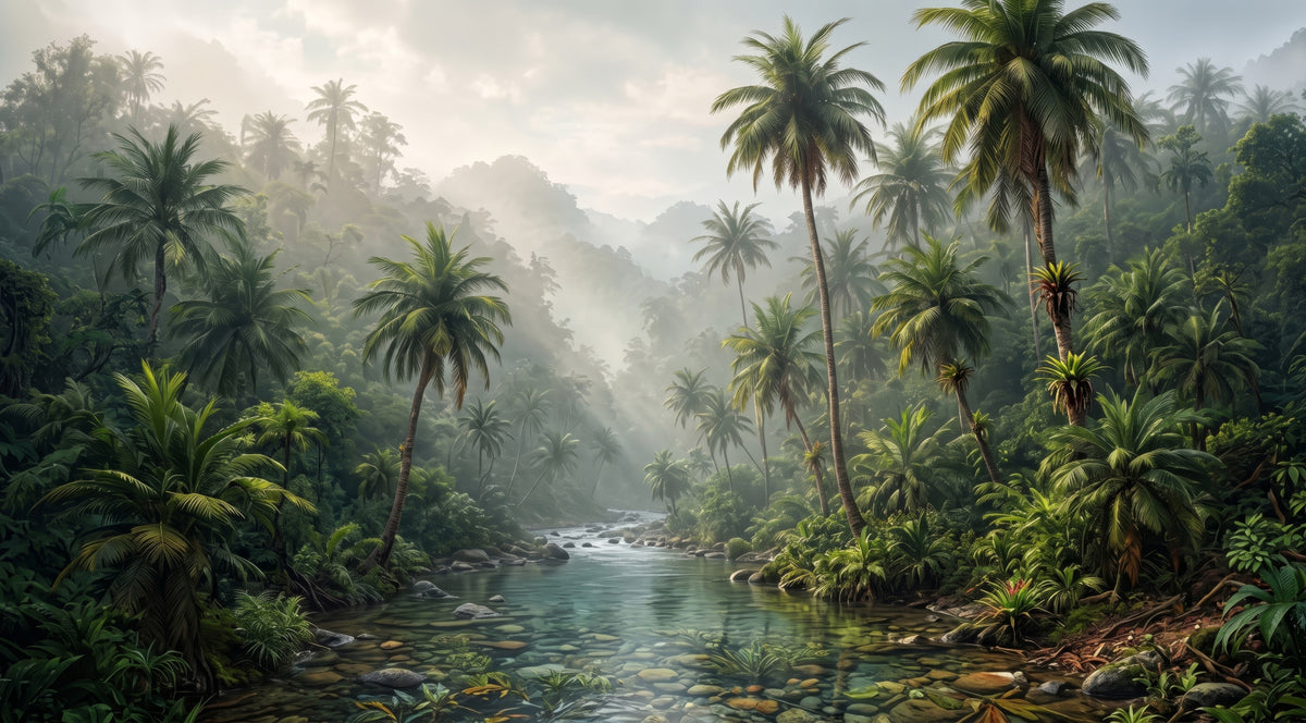 Misty Tropical River Valley Wall Mural in your room