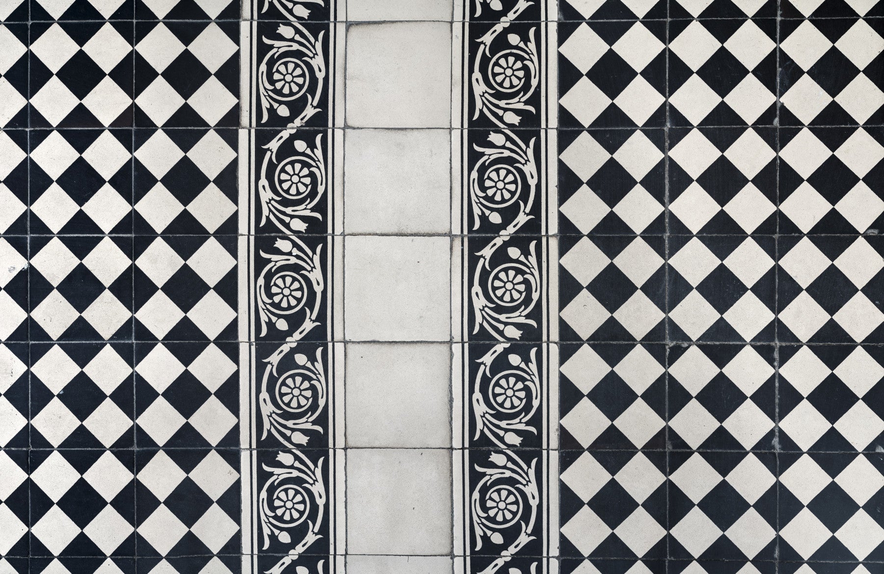 Vintage Black and White Floral Checkerboard Wall Mural