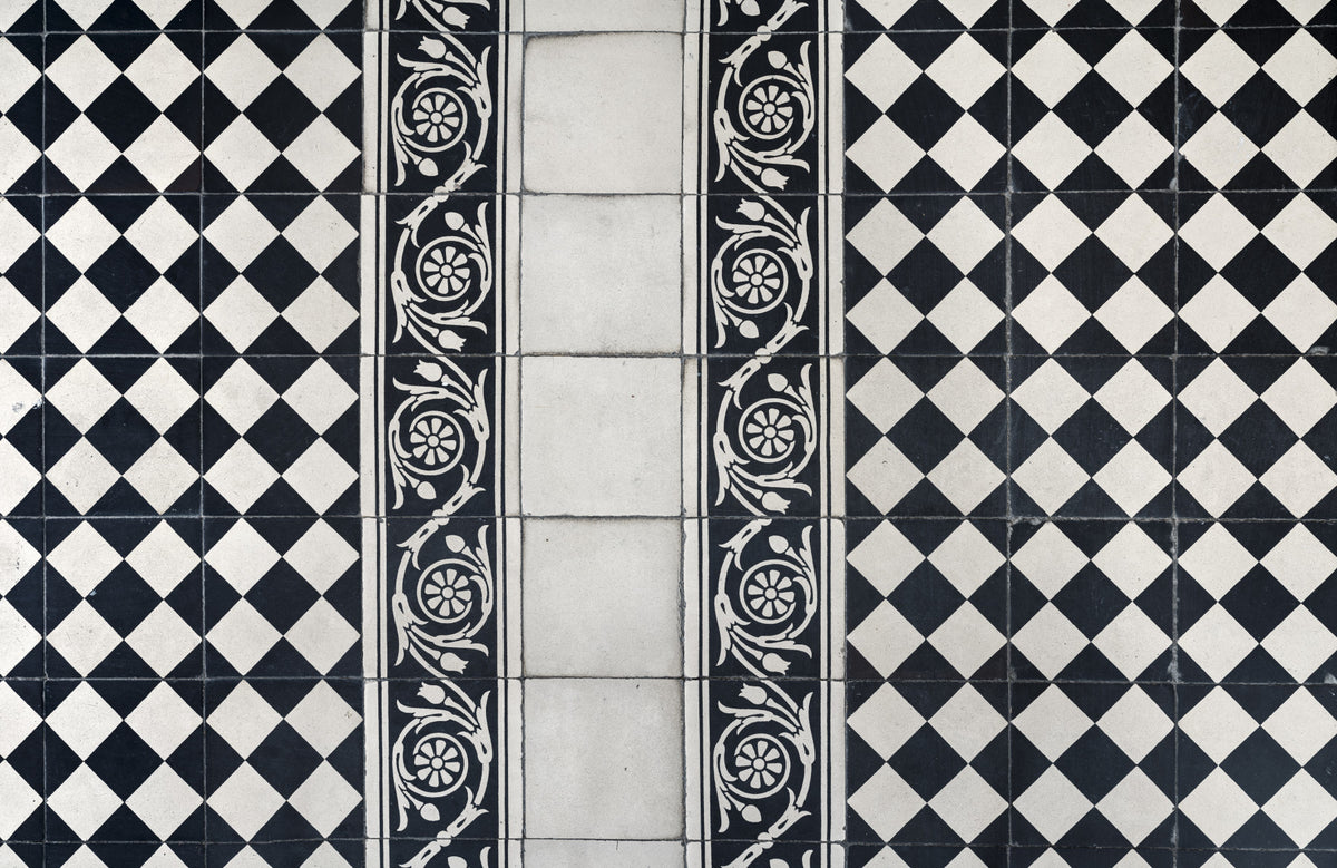 Vintage Black and White Floral Checkerboard Wall Mural in your room