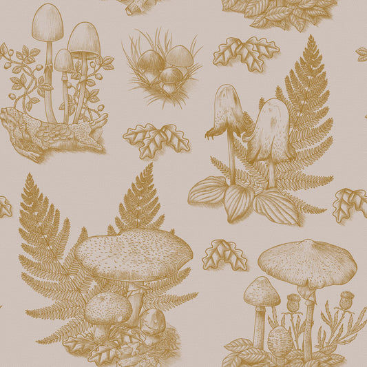 Mushroom - Autumnal Toile de jouy -  Gold Wallpaper⁠