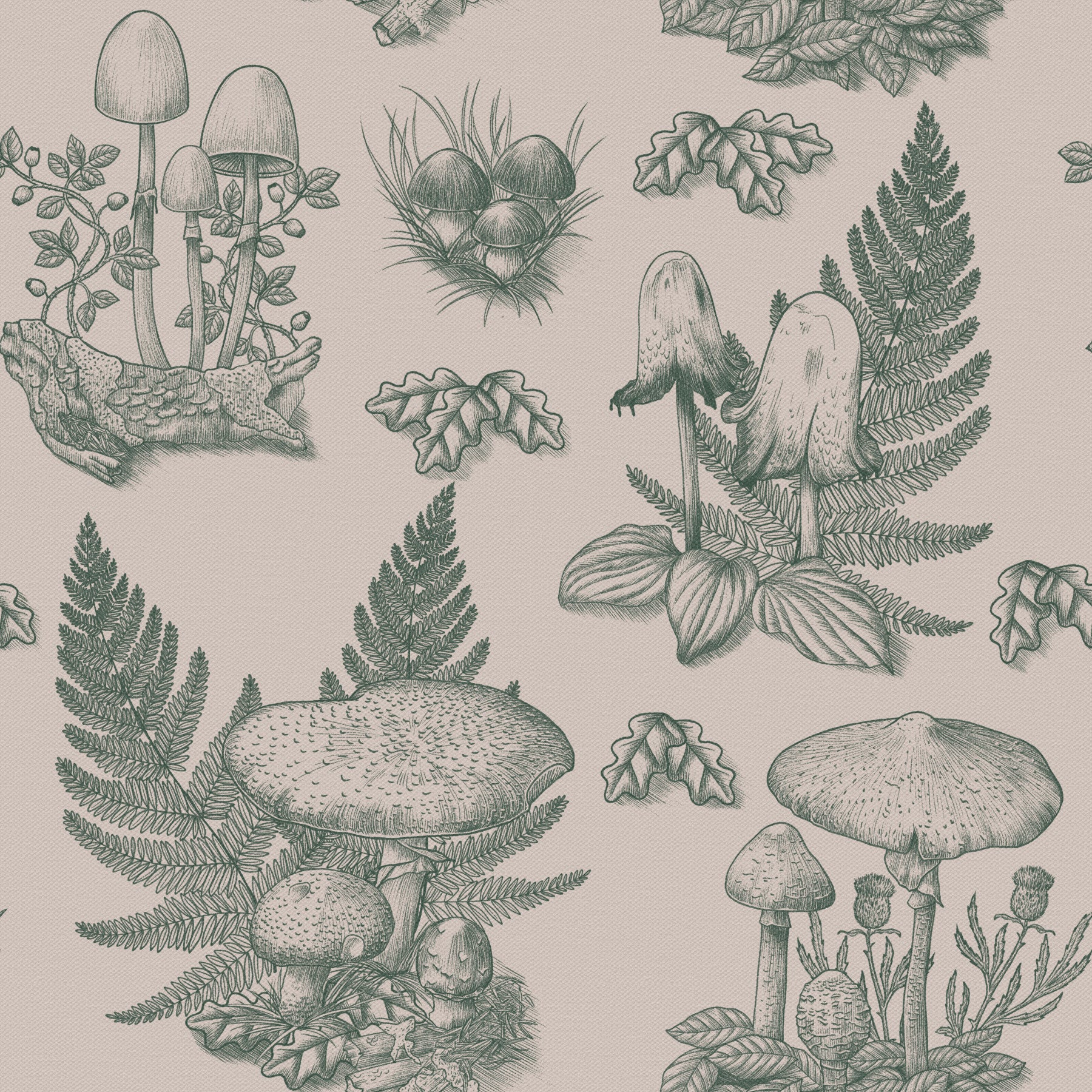 Mushroom - Autumnal Toile de jouy - Green Wallpaper⁠