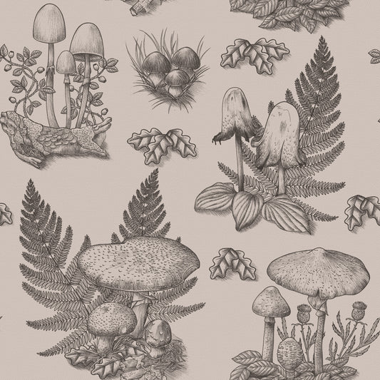 Mushroom - Autumnal Toile de jouy - Sepia Wallpaper⁠