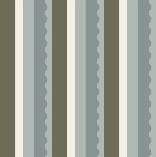 Sage and Charcoal Linear Scallop Stripes Wallpaper⁠