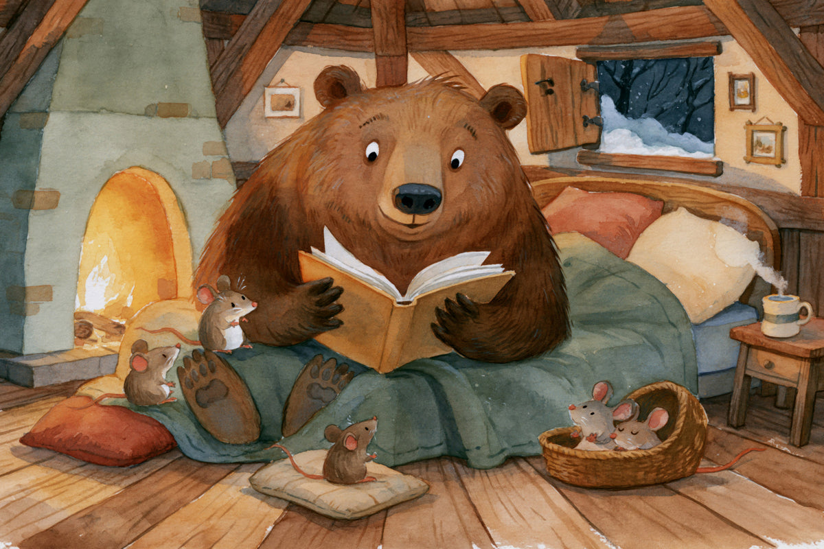 Woodland Friends Bear Fireside Story With Mice In A Winter Cabin Scene Wall Mural in your room
