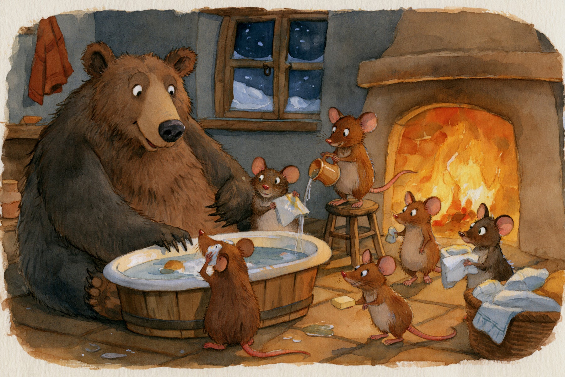 Woodland Friends Bear Bath Time With Mice In A Cozy Winter Cabin Scene Wall Mural