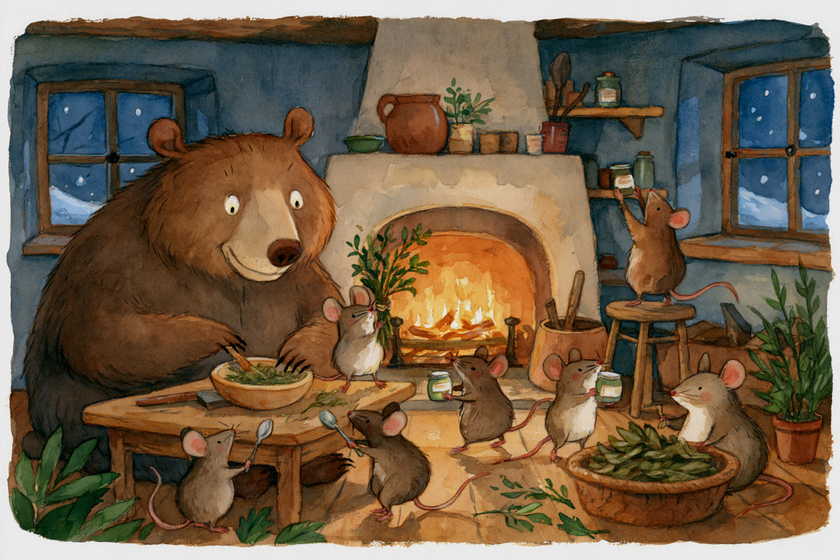Woodland Friends Bear And Mice In Cozy Cottage Kitchen Story Scene Wall Mural in your room