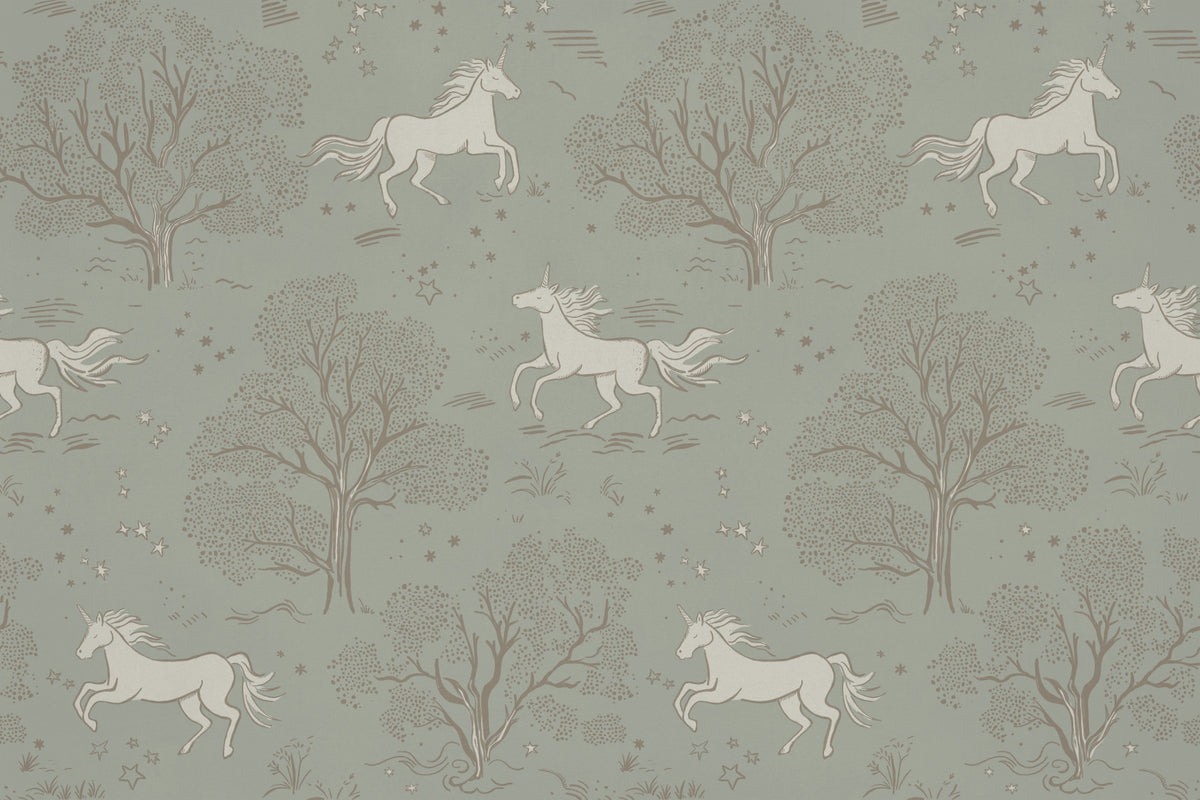 Magical Unicorn Dreamland – Sage Green Wall Mural Wall Mural in your room — zoomed