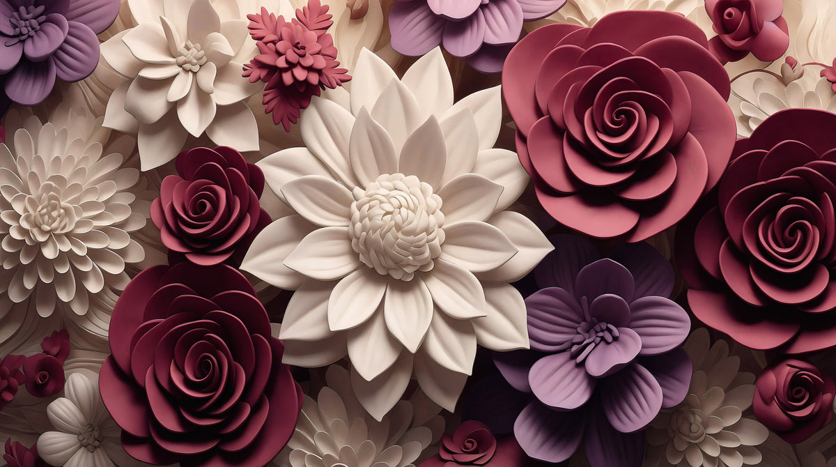 3D Velvet Bloom Dimensions in Burgundy and Lilac Wall Mural in your room
