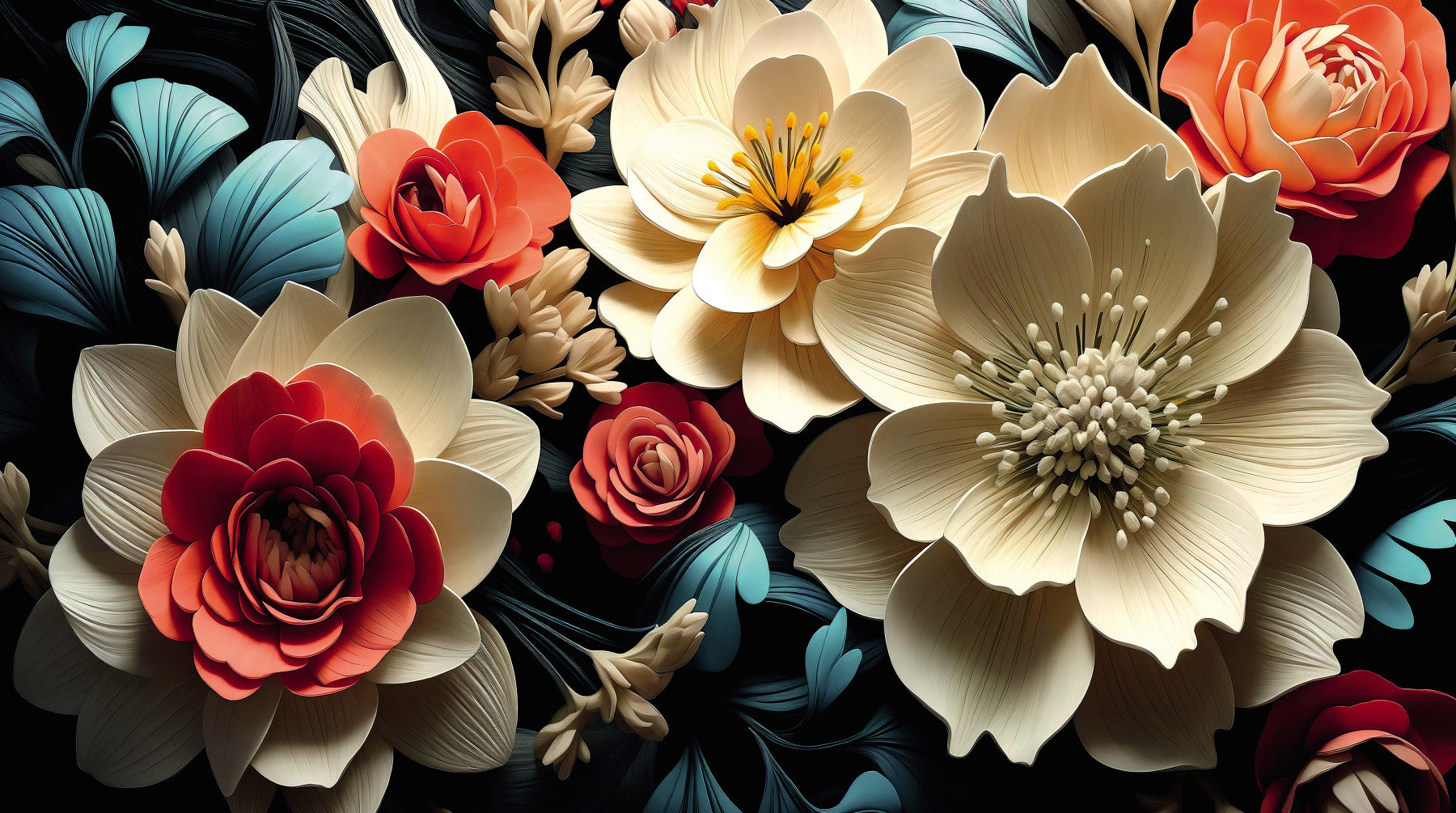 3D Flowers  Coral and Cream Wall Mural
