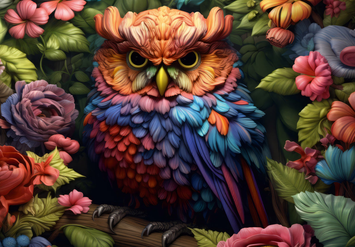 Vibrant Rainbow Owl Amongst Garden Blooms Wall Mural in your room