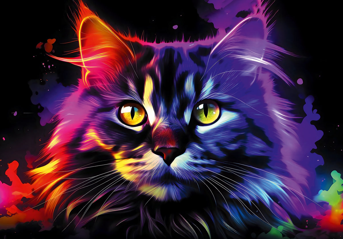 Neon Cat Portrait Wall Mural in your room — zoomed