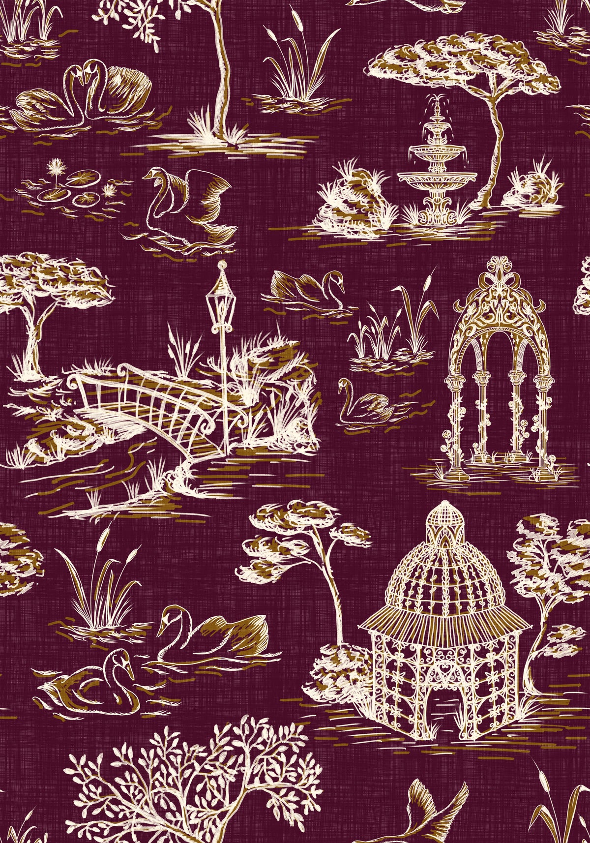 Modern Toile de Jouy Swan Victorian Garden Scenery - Royal Jewel Tone Wallpaper⁠ in your room