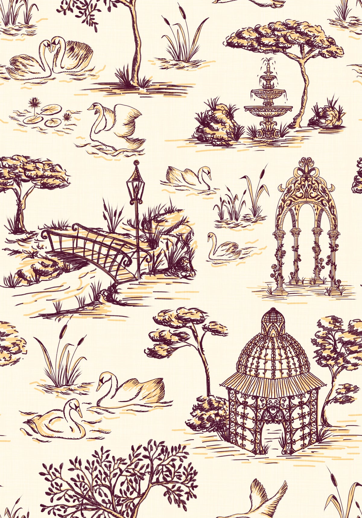 Modern Toile de Jouy Swan Victorian Garden Scenery - Rich Contrast Wallpaper⁠ in your room