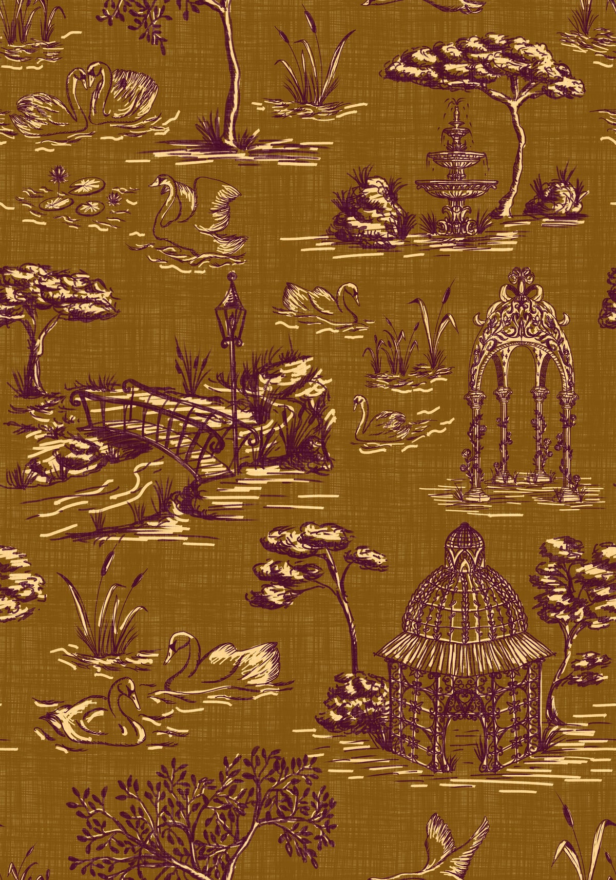 Modern Toile de Jouy Swan Victorian Garden Scenery - Regal Gilded Warmth Wallpaper⁠ in your room