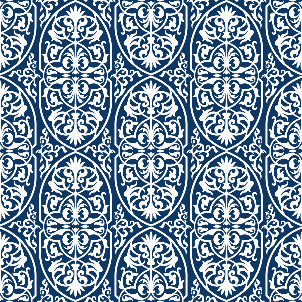 Midnight Damask Scroll Pattern Wallpaper⁠ in your room