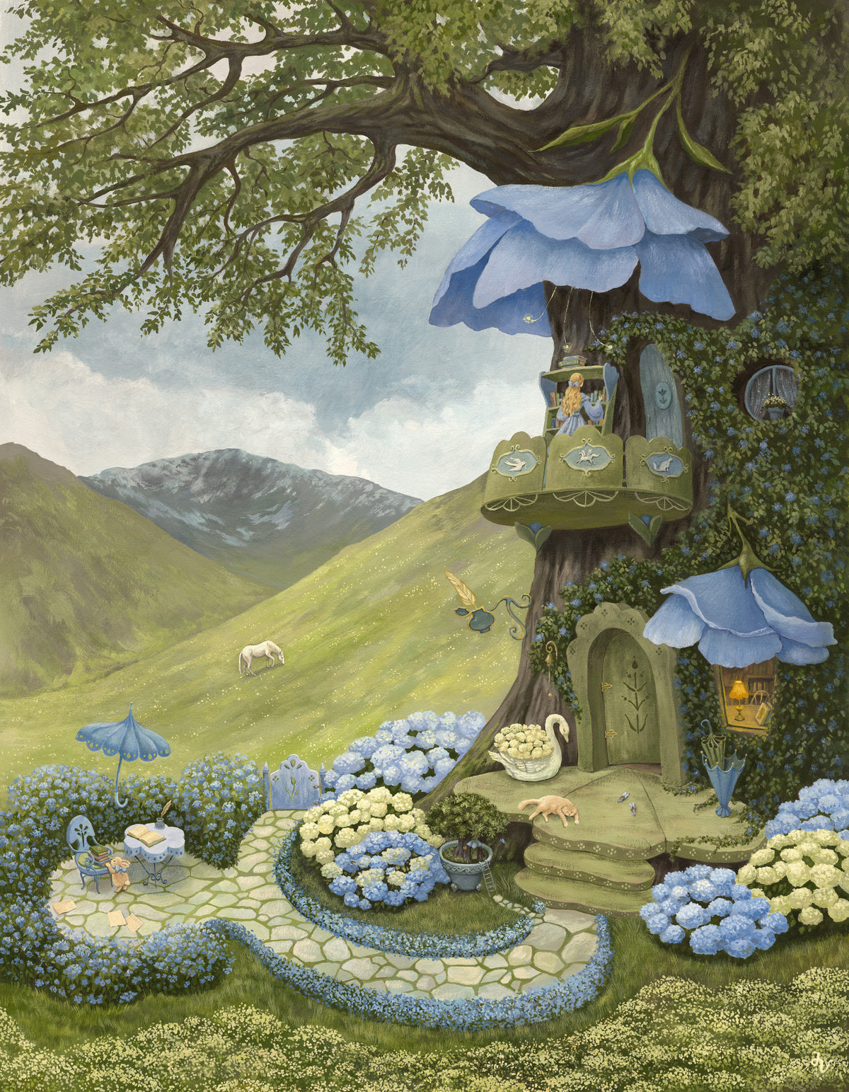 Enchanted Blue Flower Treehouse Wall Mural in your room — zoomed