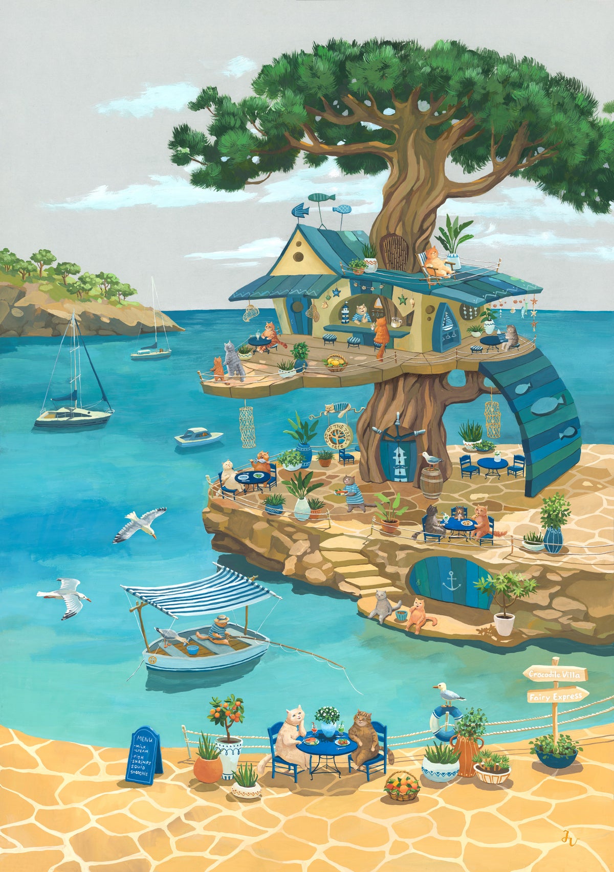Coastal Cat Cafe Treehouse Scene Wall Mural in your room