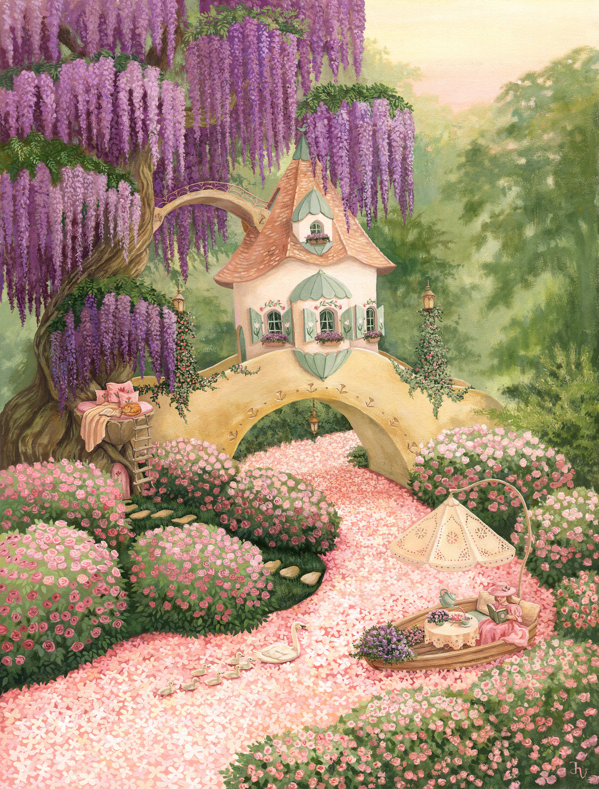 Enchanted Wisteria Garden Cottage Wall Mural in your room
