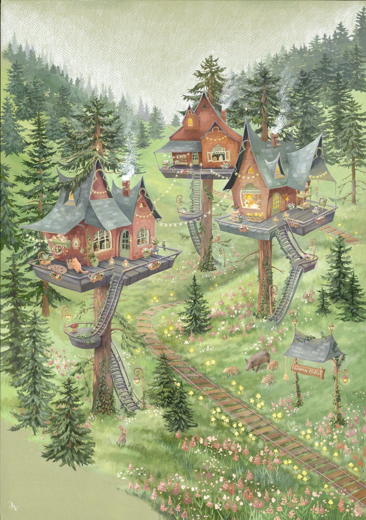Whimsical Woodland Treehouse Village Scene Wall Mural in your room — zoomed