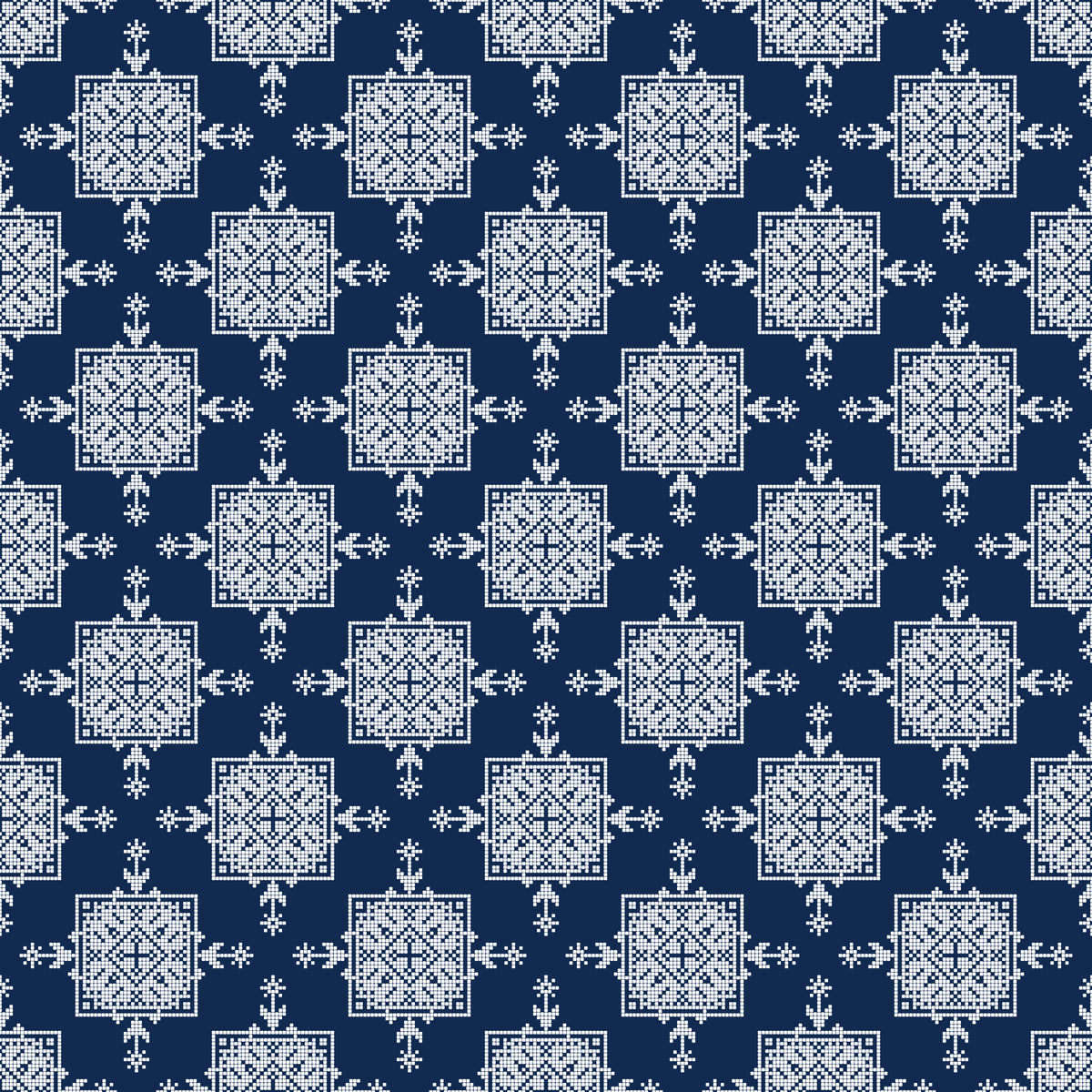 Indigo Cross-Stitch Tile Motif Wallpaper⁠ in your room — zoomed