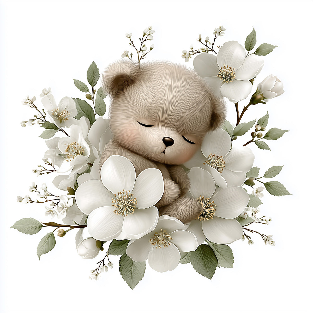 Sleeping Bear in White Blossom Wall Mural in your room