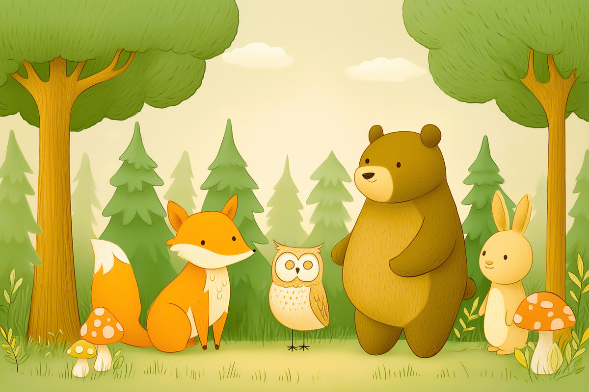 Friendly Woodland Animal Gathering Wall Mural in your room — zoomed