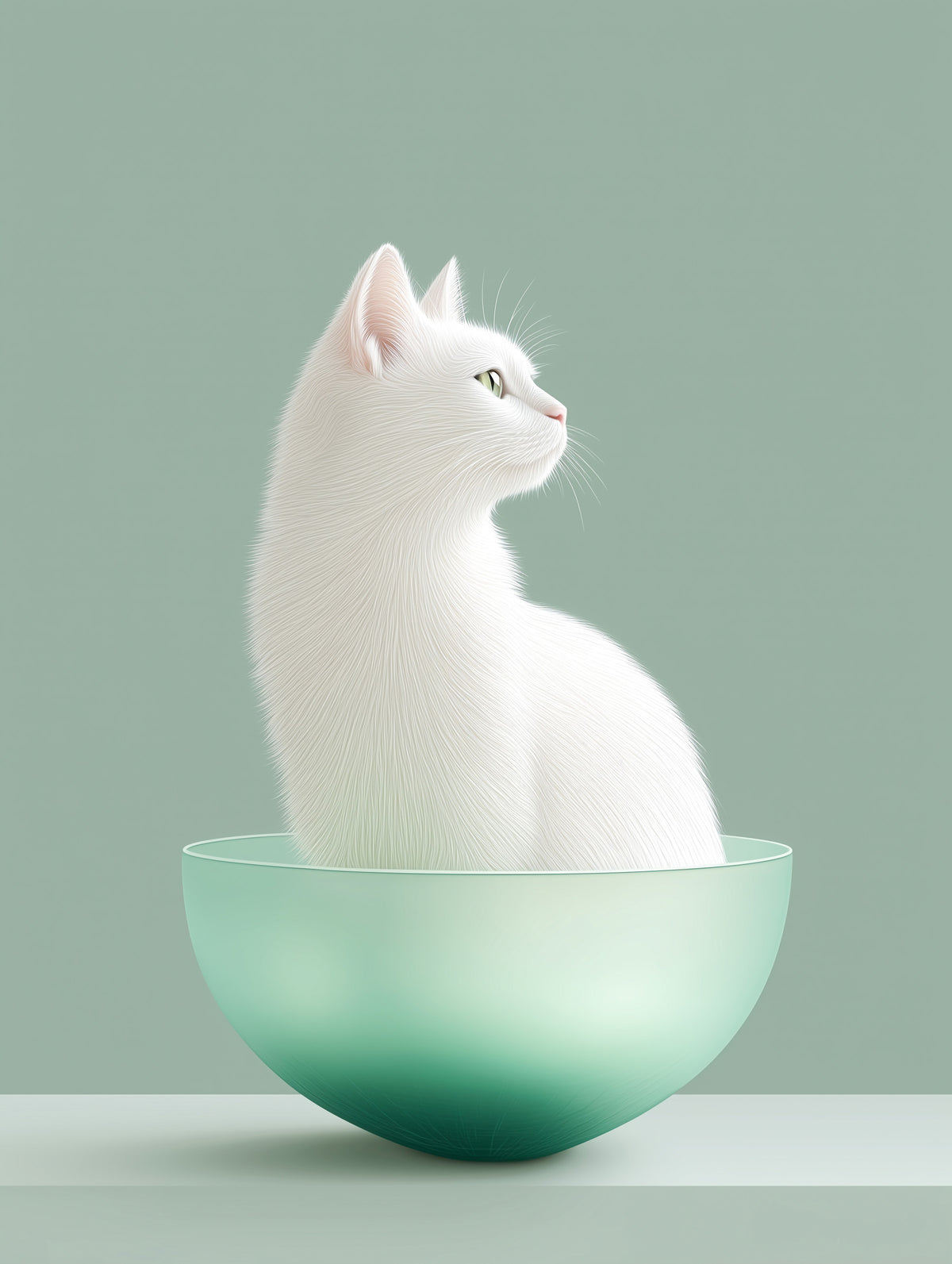 Minimalist White Cat in Mint Bowl Wall Mural in your room