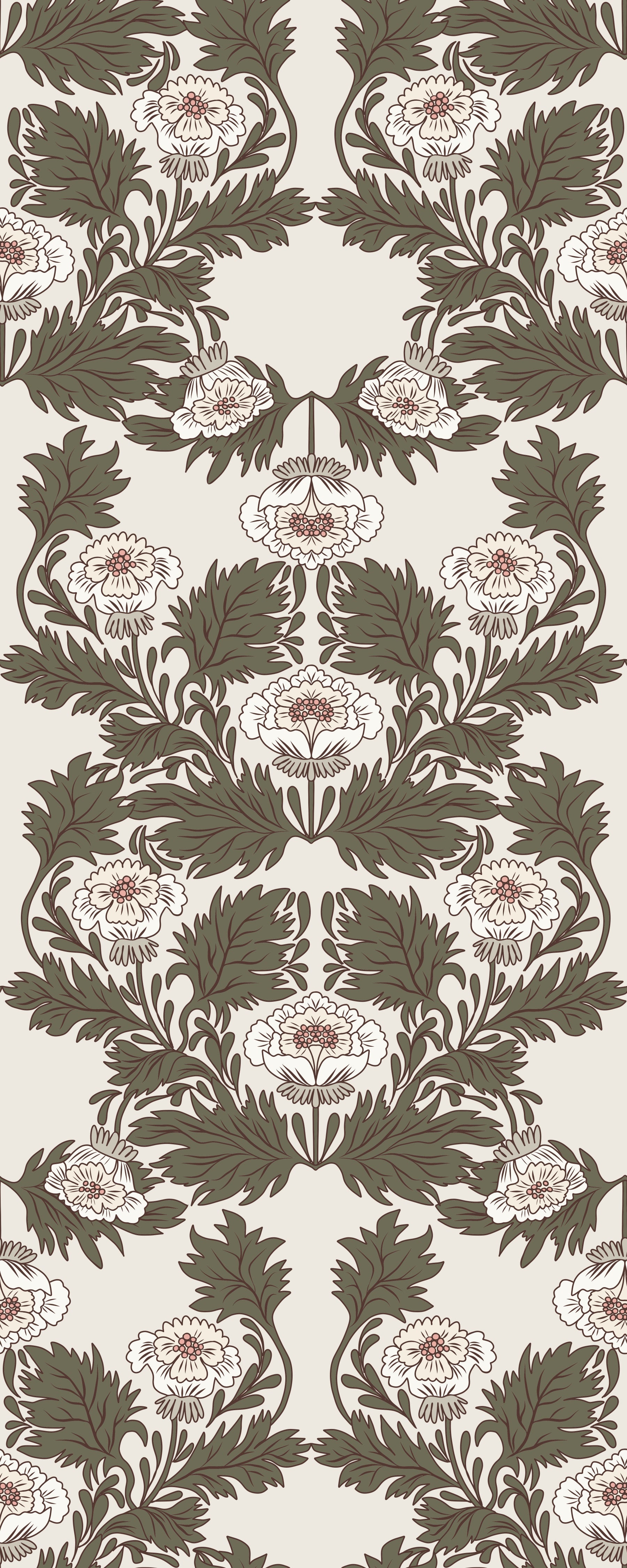 Symmetrical Sage Foliage and Peony Illustration Wallpaper⁠