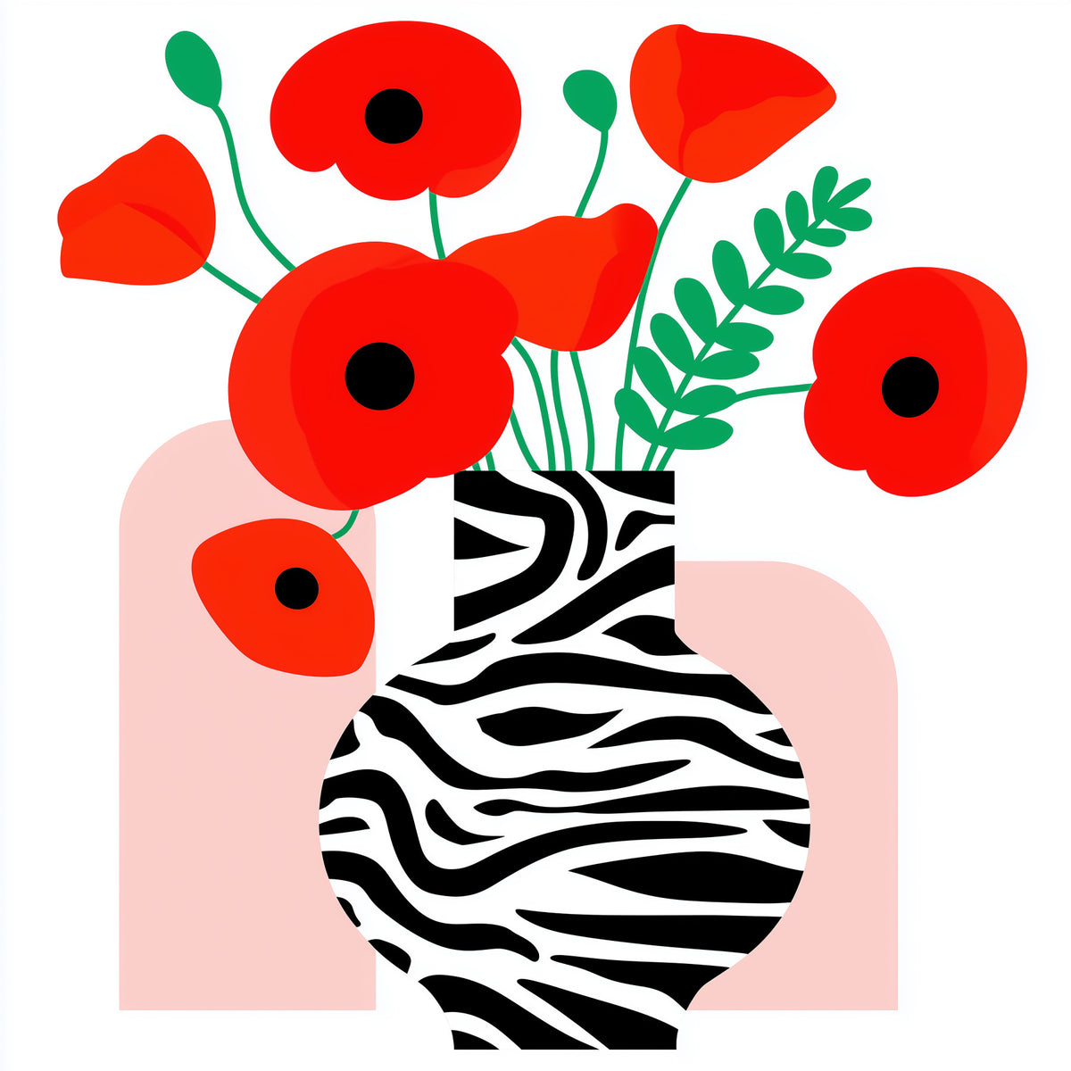 Abstract Poppies in Zebra Print Vase Wall Mural in your room — zoomed