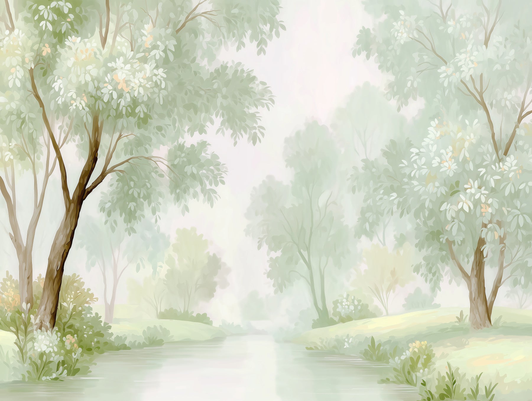 Misty Morning Riverside Forest Wall Mural