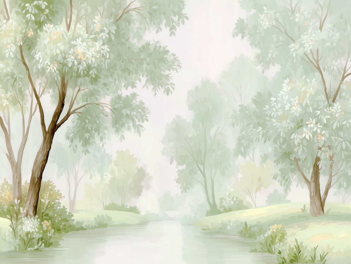 Misty Morning Riverside Forest Wall Mural in your room