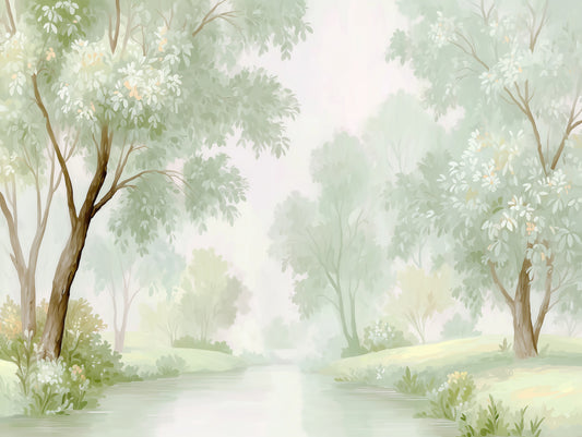 Misty Morning Riverside Forest Wall Mural