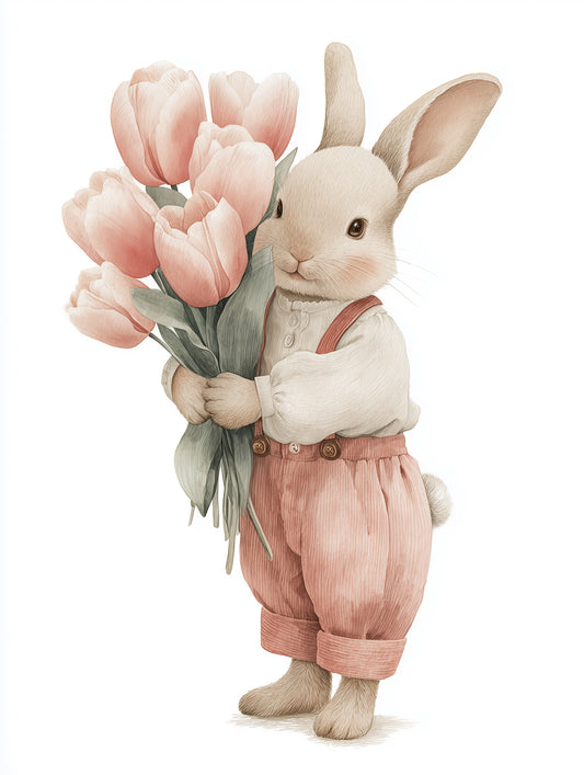 Little Bunny With Tulip Bouquet Wall Mural