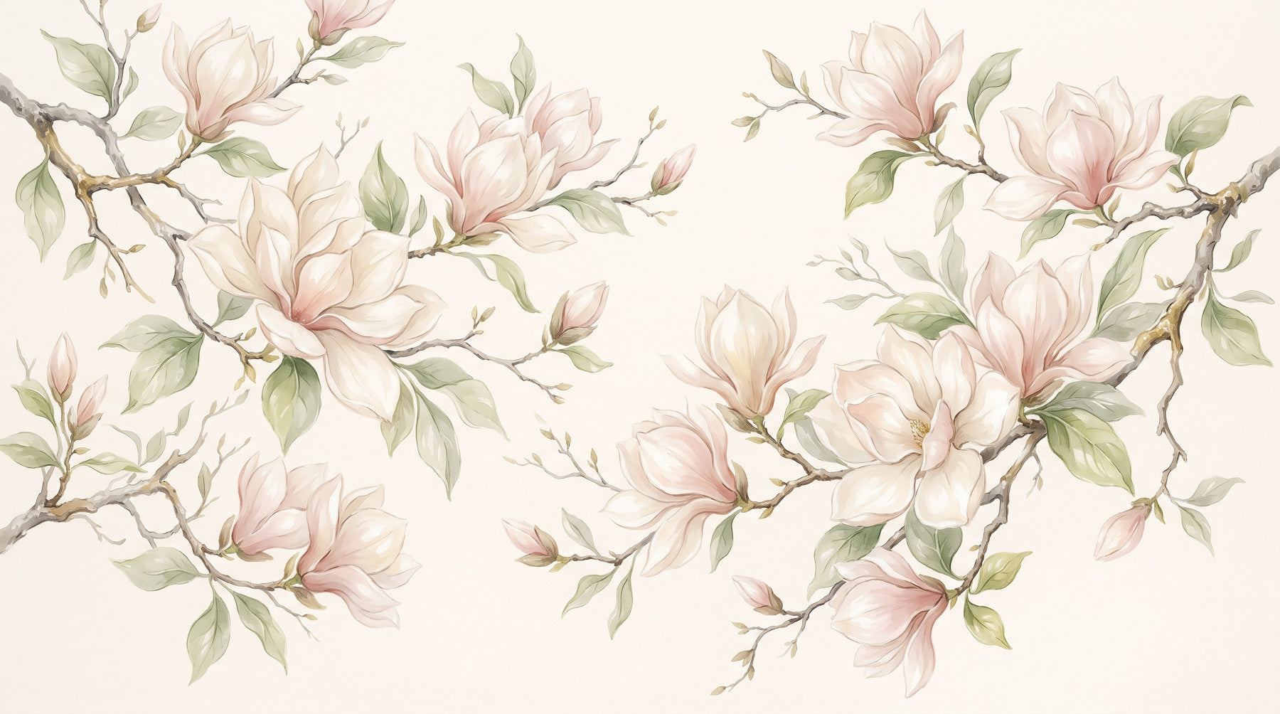 Soft Watercolor Magnolia Branches Wall Mural