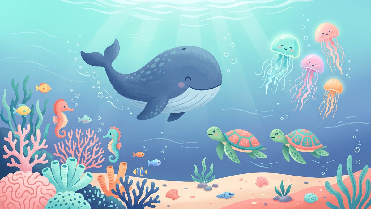 Friendly Whale and Friends Ocean Scene Wall Mural in your room — zoomed