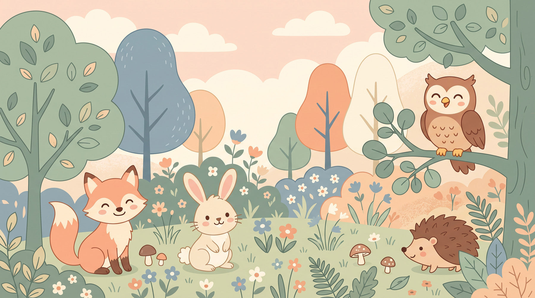 Friendly Woodland Creatures in Soft Pastel Forest Wall Mural