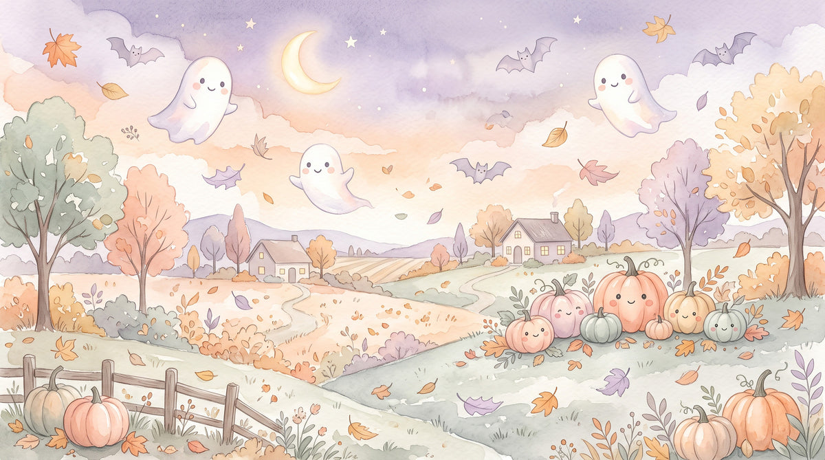 Friendly Ghosts in Autumn Countryside Wall Mural in your room — zoomed