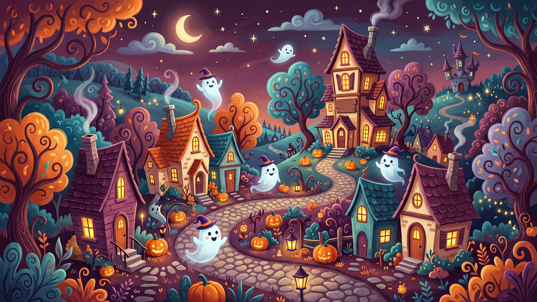 Whimsical Ghostly Village Night Wall Mural