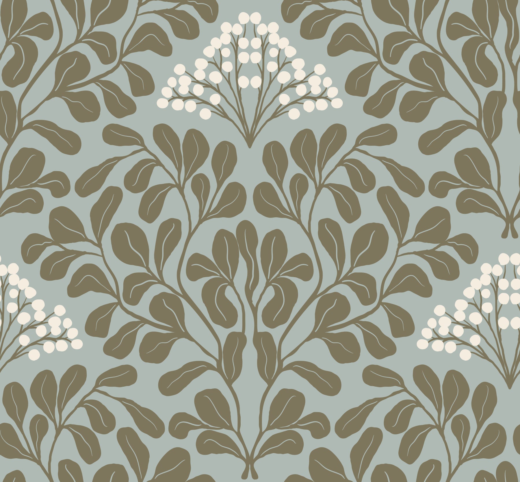 Minimalist Sage Leaf and Berry Pattern Wallpaper⁠