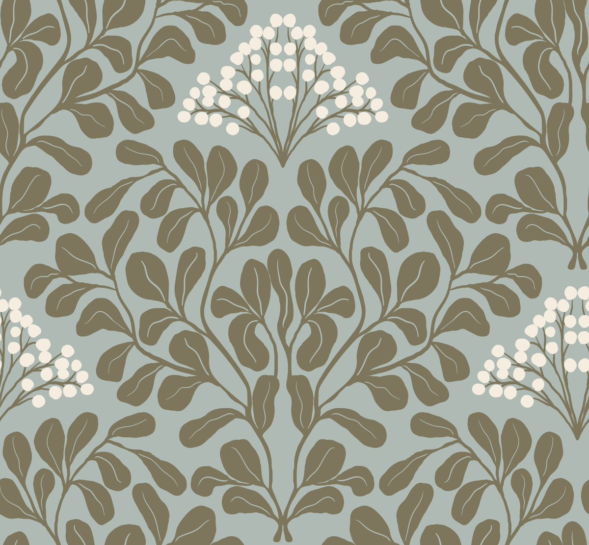 Minimalist Sage Leaf and Berry Pattern Wallpaper⁠ in your room — zoomed