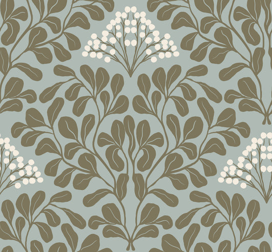 Minimalist Sage Leaf and Berry Pattern Wallpaper⁠