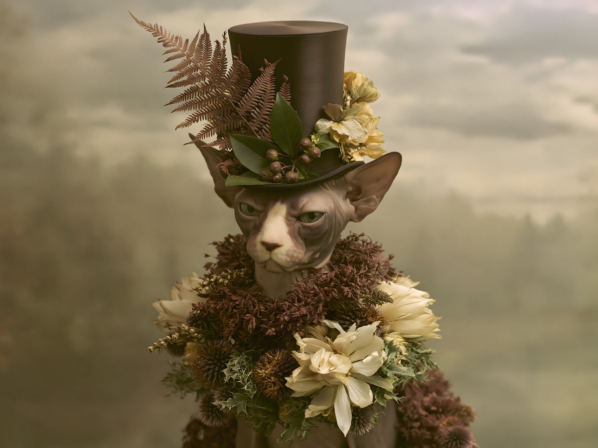 Dapper Sphynx in Top Hat and Florals Wall Mural in your room — zoomed