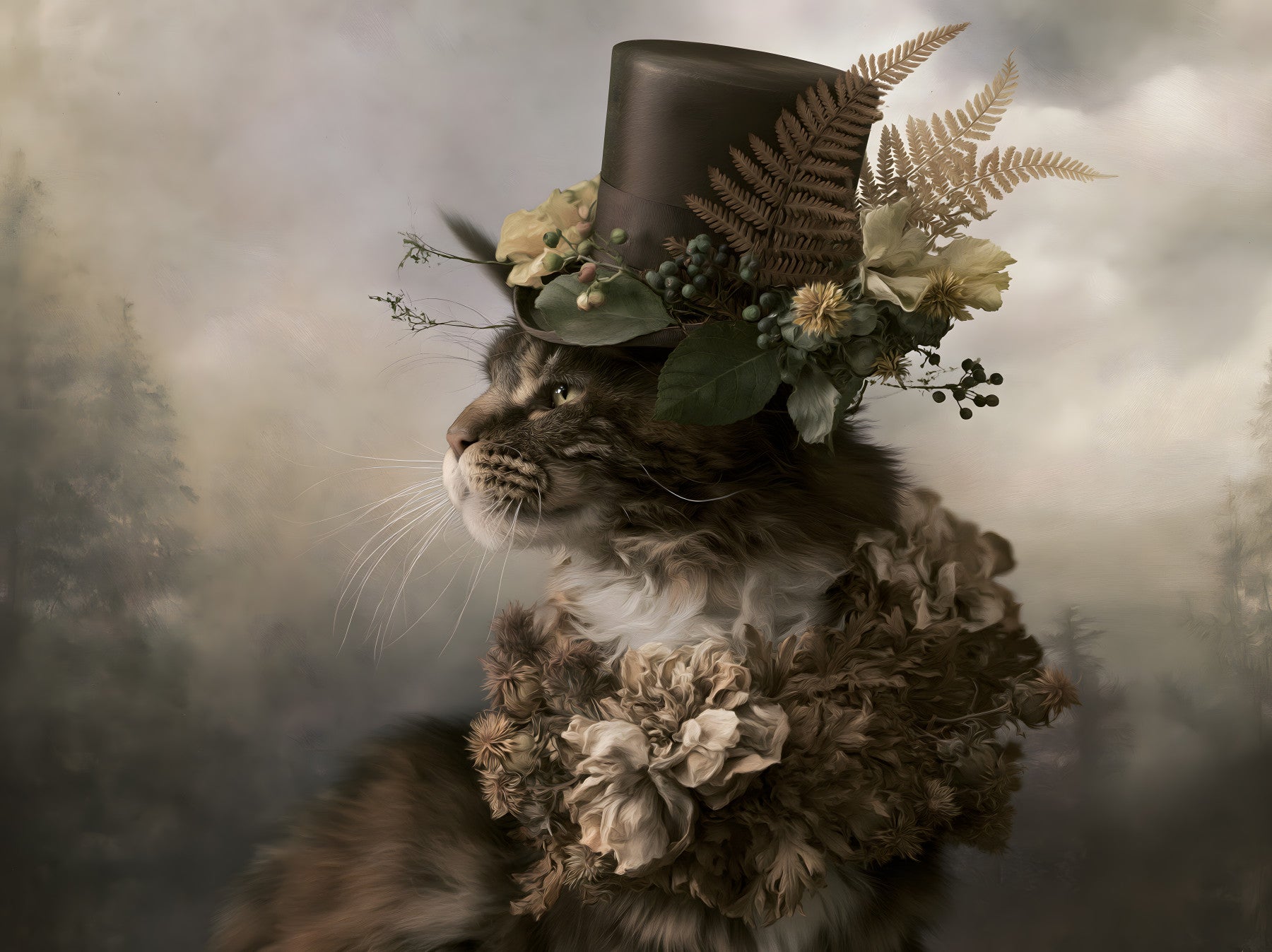 Aristocratic Cat with Floral Top Hat Wall Mural