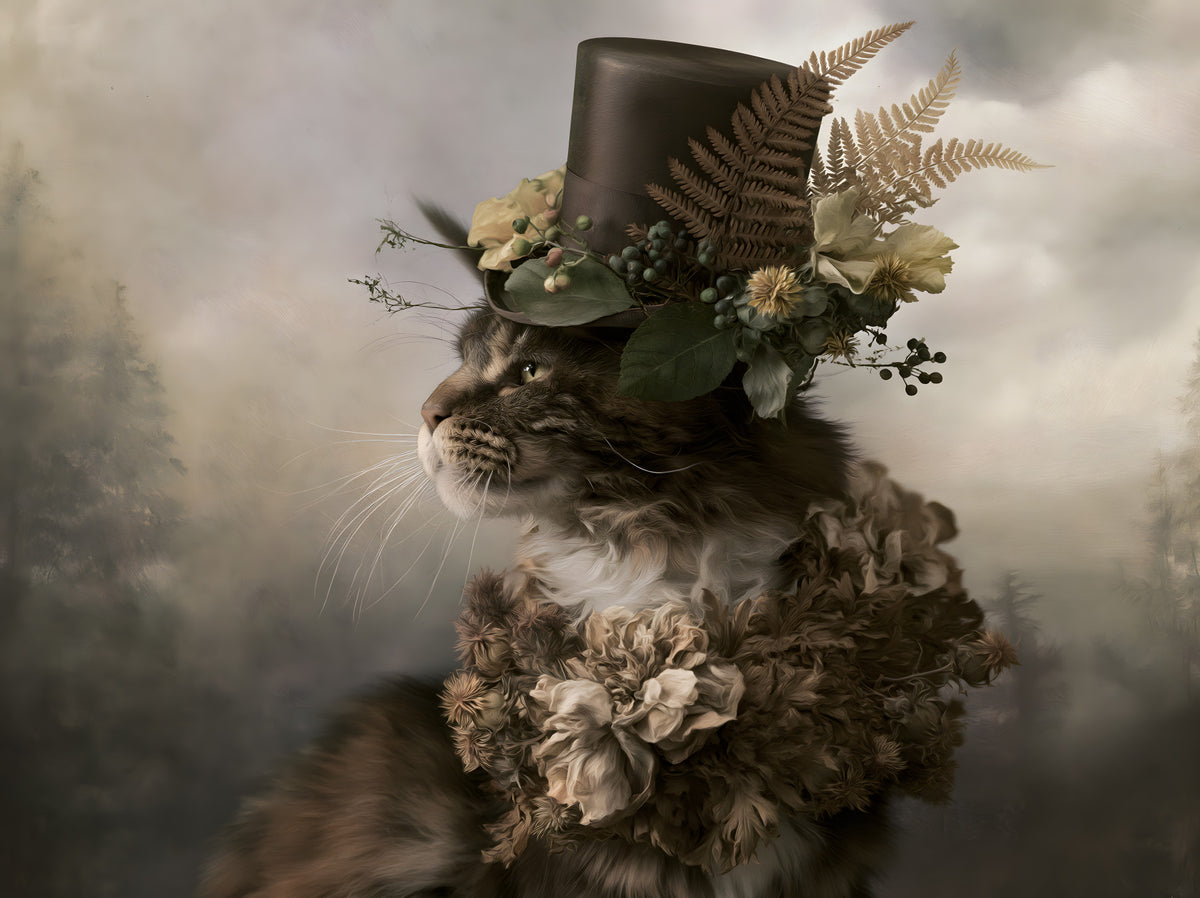 Aristocratic Cat with Floral Top Hat Wall Mural in your room