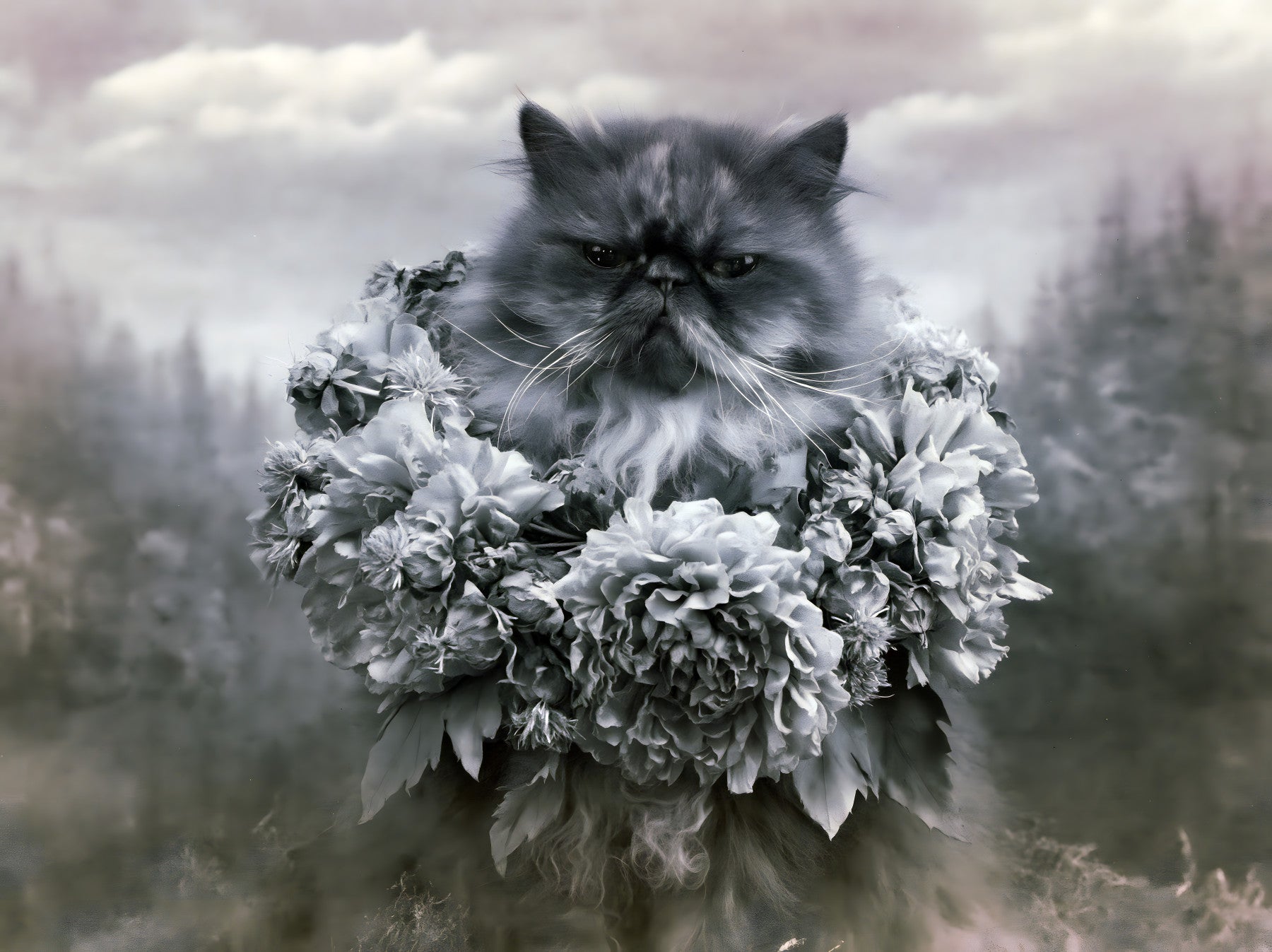 Persian Cat with Floral Wreath Wall Mural
